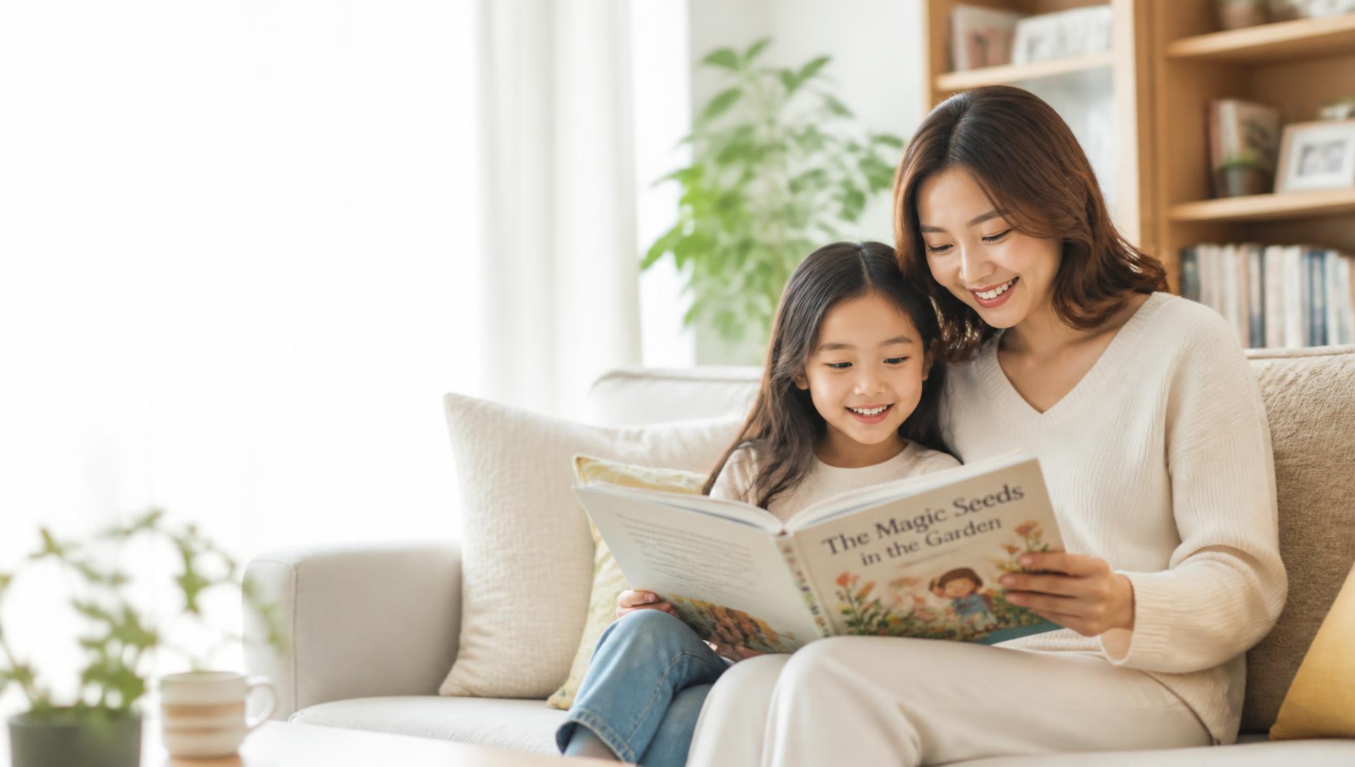 밝은 거실에서 엄마와 아이가 함께 영어 그림책을 읽는 모습